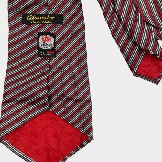 Edsor Crown Vintage Silver Red Striped Regimental Repp Silk Tie Men's 4" x 53"