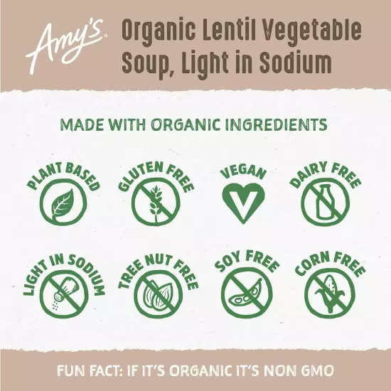 Amy’s Soup, Vegan Light in Sodium Lentil Vegetable Soup, Gluten Free, Made Wi...