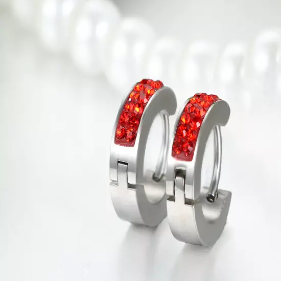 Men's Women's Unisex Stainless Steel Rhinestone Charm Hoop Huggie Earrings 2PCS