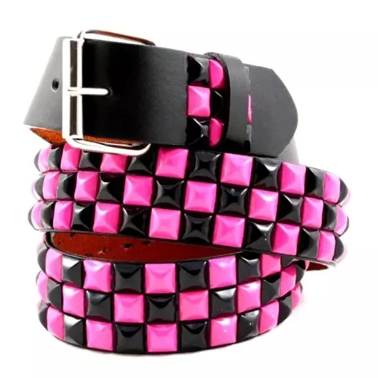 Mens Womens 3-Row Metal Pyramid Studded Leather Belt Checker Punk Rock Goth Emo