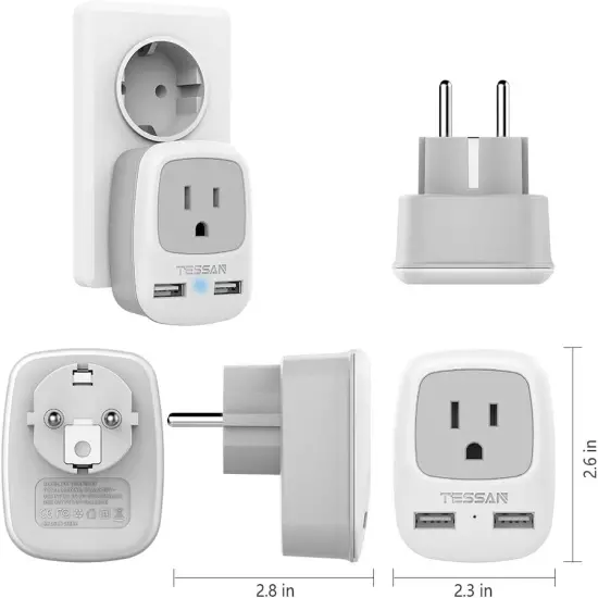 Germany France Travel Power Adapter, Schuko European Plug with 2 USB, Type E F O