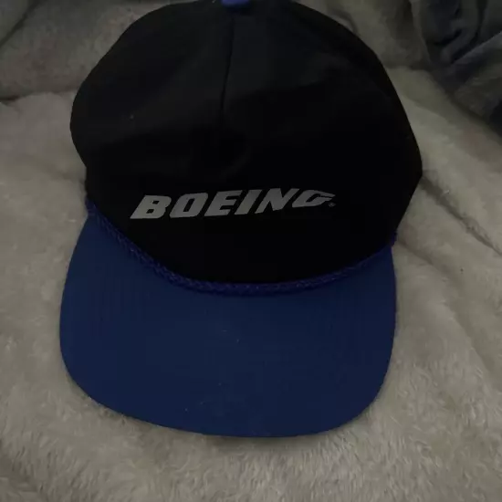 Vintage Boeing Hat Blue Black Trucker Rope Otto Cap Adj. Strap