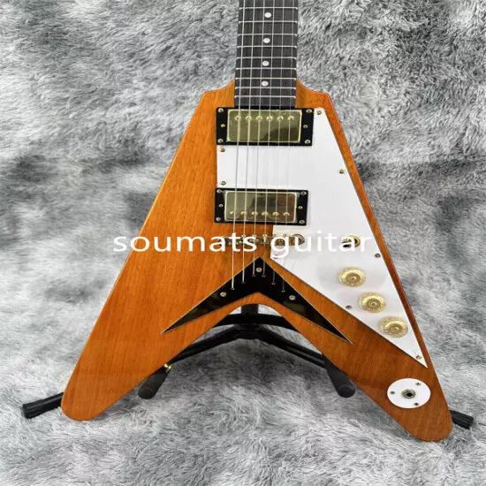 Natural Flying V Electric Guitar Accessories Mahogany Neck Gold Hardware