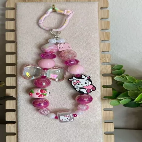 Cute Handmade Sanrio Cell Phone Strap | Hello Kitty Cow | Hand-Painted Beads