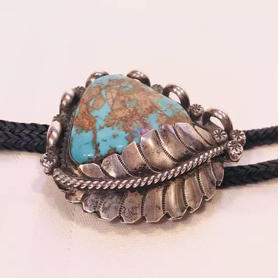 Vtg Bennett Silver Turquoise BOLO TIE w/ Leaf + Aiguillettes C-31 Pat. Pend.