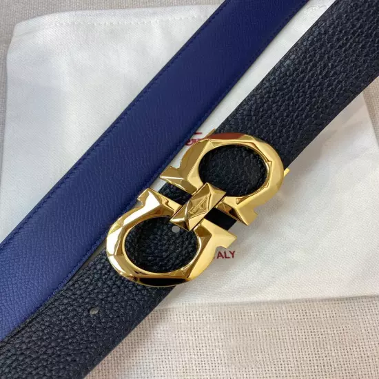 SALVATORE FERRAGAMO Reversible Men's Belt Gold Buckle Black/Blue 35"