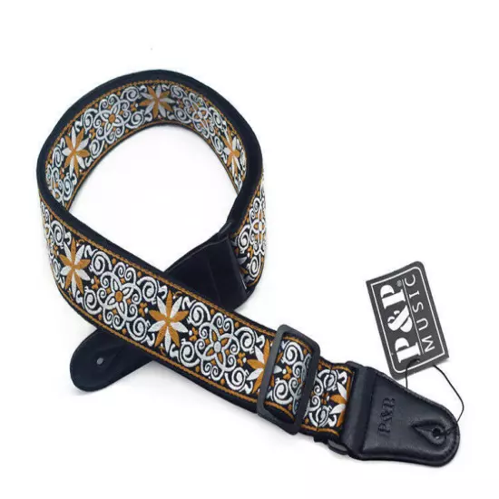 Guitar Bass Belt Embroidered Guitar Strap Leather End for Bass/Acoustic/Electric