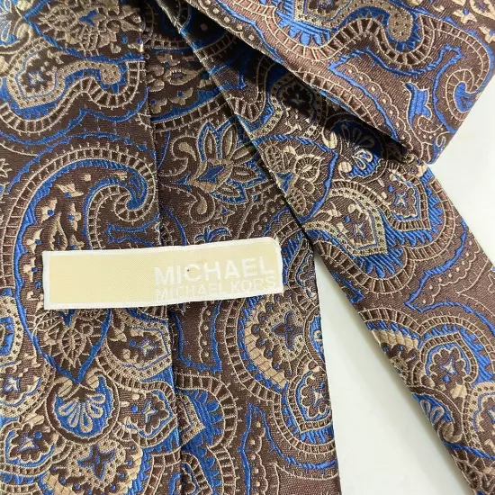 MICHAEL KORS MENS TIE PAISLEY 100% Silk BROWN, BLUE AND TAN.