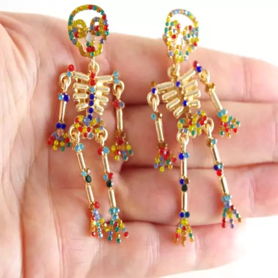 NEW BETSEY JOHNSON MULTICOLOR RHINESTONE SKELETON HALLOWEEN DROP DANGLE EARRINGS