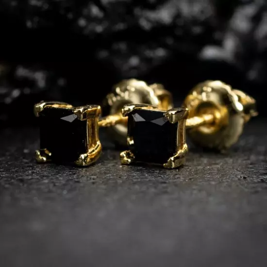 14K Gold Plated Men's Black Onyx Cz Princess Cut Stud Screw Back Post Earrings