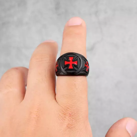 Red Cross Knights Templar Maltese Black Stainless Steel Mens Punk Biker Ring