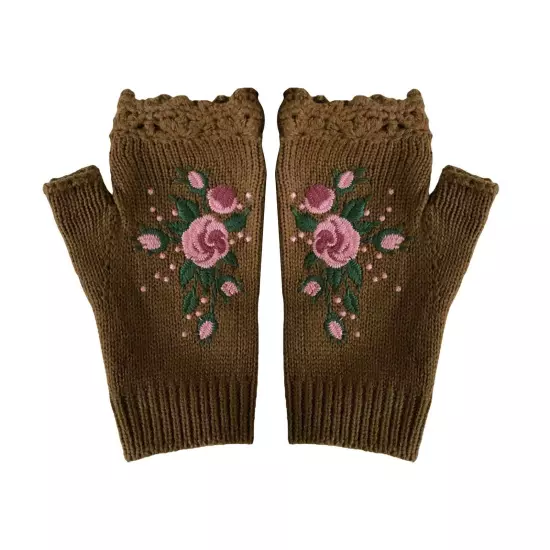 Women Handmade Embroidery Gloves Knit Gloves Flower Gloves Hand Knit Fingerless