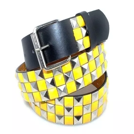 Mens Womens 3-Row Metal Pyramid Studded Leather Belt Checker Punk Rock Goth Emo