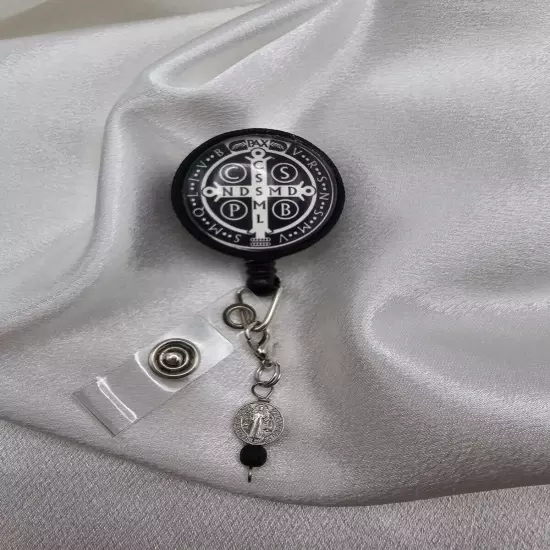 St Benedict Medal Glass ID Badge Reel Holder Retractable Clip