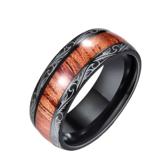 Mens Wood Inlay Stainless Steel Engagement Ring Men's Wedding Band Jewelry Gift^