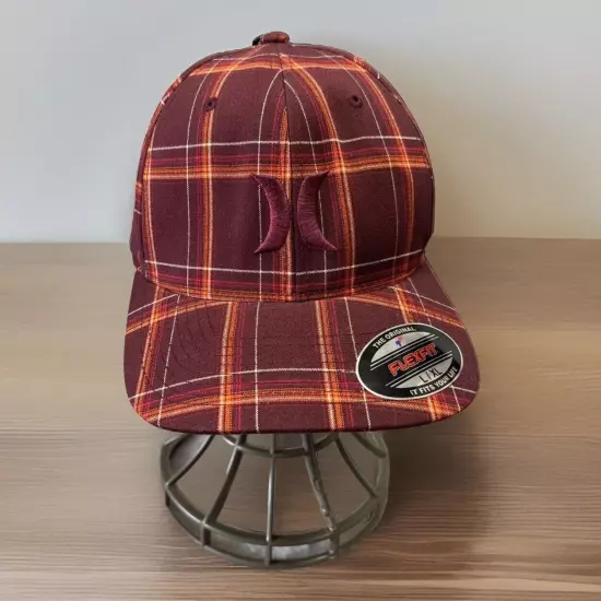 Hurley Hat Cap Flexfit Plaid Orange Red Brown L-XL Yupoong Puerto Rico Surf