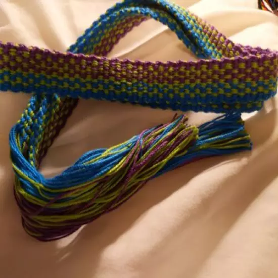 Item927202019: Powder Horn inkle loom strap belt blue lime purple 44" x 1 1/4"