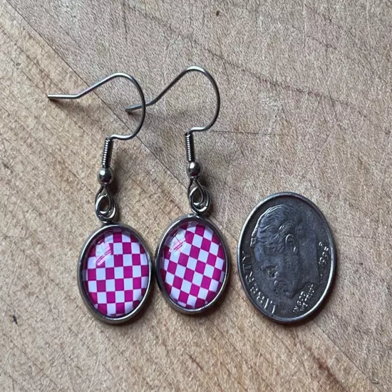 Pink Skater Punk Checkered Race Flag Dangle Earrings Jewelry Accessories