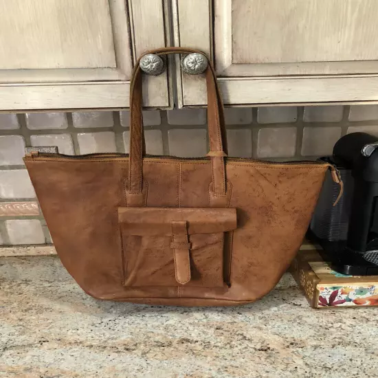 Free People Heritage Tote Soft Leather Double Handles Spacious Pockets Brown NEW