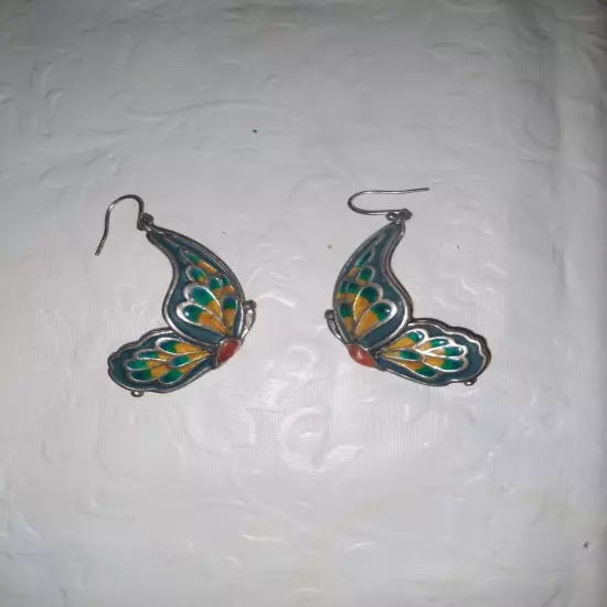  BUTTERFLY EARRINGS - SILVER TONE WITH MULTICOLORED ENAMEL 3-D