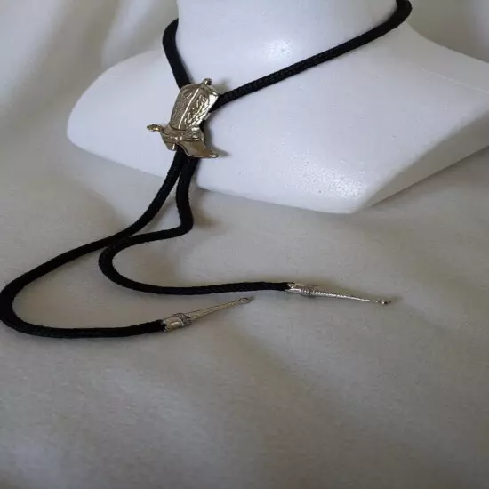 Western Silver Boot Bolo Tie Cowboy Silver Tone Black Cord Necktie