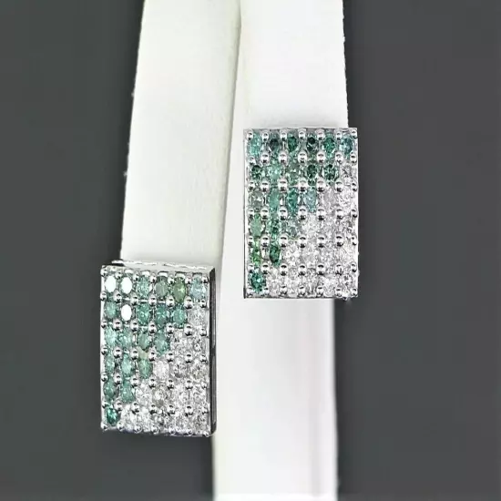 Men's 14K White Gold Plated Half Round Green Diamond Square Screw Stud Earrings~