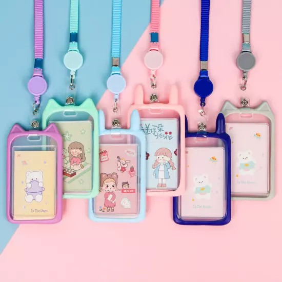 Cute Cat Ear ID Card Holder Retractable Reel Lanyard Credit Cover Case Kids Gift