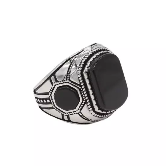 Vintage Black Agate Signet Wedding Ring Stainless Steel Men's Powerful Punk Ring