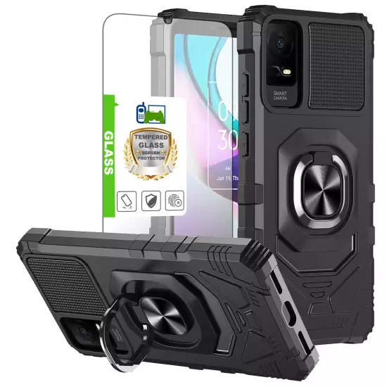 For TCL ION X / ION V Case Shockproof Ring Stand Phone Cover w/ Tempered Glass