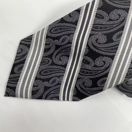 Pronto Uomo Italy Silver Black Paisley & Striped Repp Silk Tie 3.8" x 59"