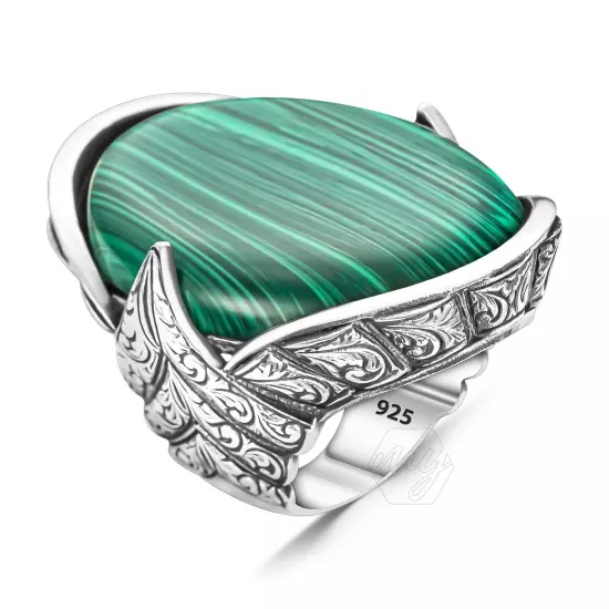 925 Sterling Silver Malachite Stone Engraved Design Handmade Huge Men's Ring