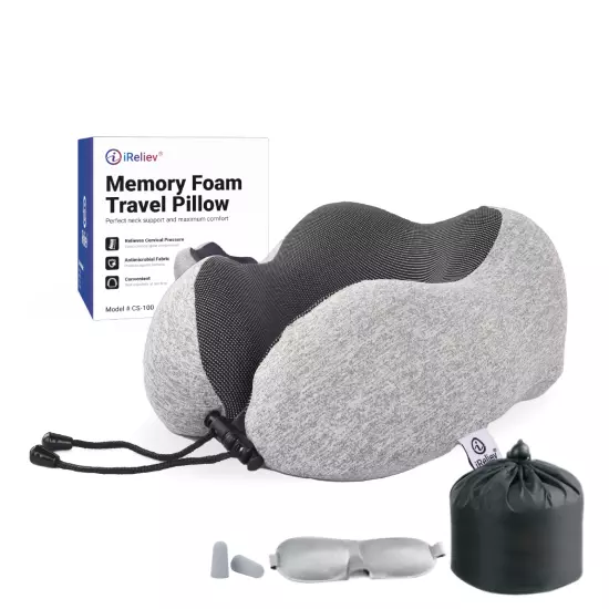 iReliev Memory Foam Travel Pillow Set with Tote bag, Eye mask and Ear plugs