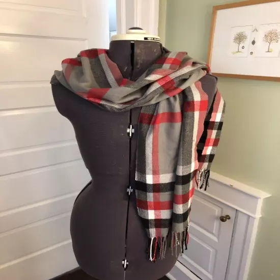 Scottish 100% Cashmere Gray, Red and White Plaid Scarf with Fringe