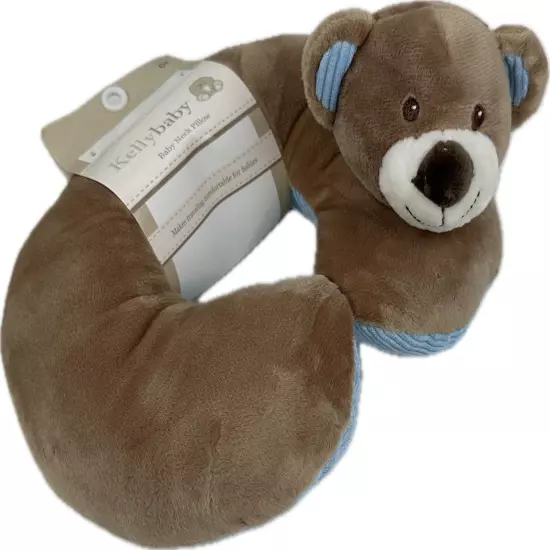 KellyBaby Plush 10 Inch Brown Blue Bear Travel Neck Support Pillow Corduroy Trim