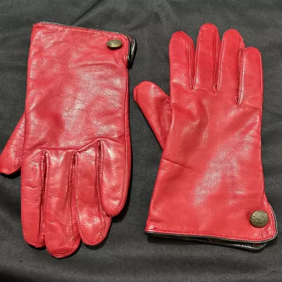 Vtg Leather Short Gloves Women Medium Red Acrylic Lining Motorcycle Button Slit