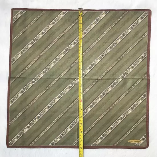 Vintage Handkerchief Green Cotton Diagonal Striped Paisley Pattern Pocket Square