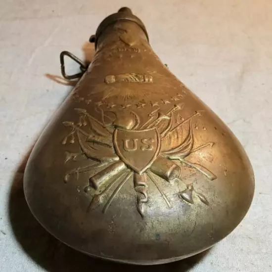 VINTAGE BRASS BLACK POWDER FLASK HORN US SHIELD, STARS, EAGLES, HANDS EMBOSSED