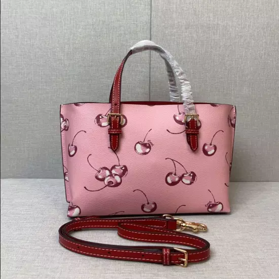 Brand New COACH CR293 Mollie Tote 25 Shoulder Bag Canvas Leather Cherry Pink 