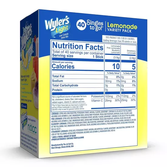 Wyler's Light Lemonade Variety Pack 5.17 Oz, 40 Sticks; Fresh New, Free Shipping