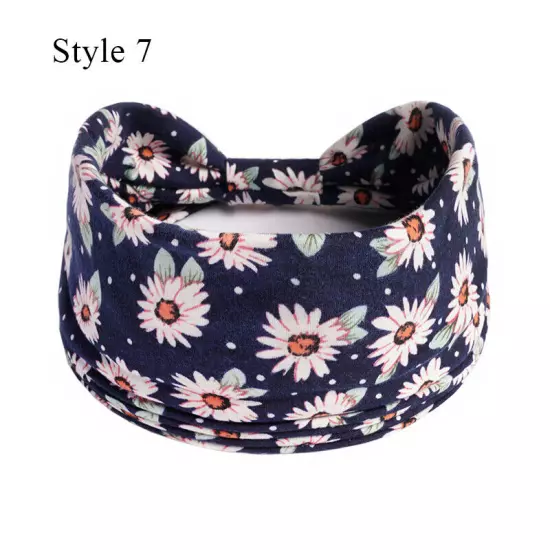 Women Boho Flower Print Wide Headband Vintage Knot Elastic Turban Headwrap *