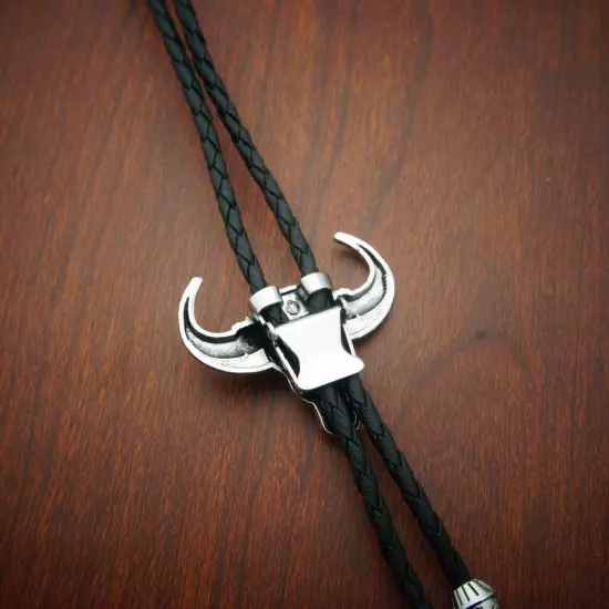 Vintage Men BOLO Tie Bull Head Pattern Wedding Necklace Alloy PU Western Cowboy