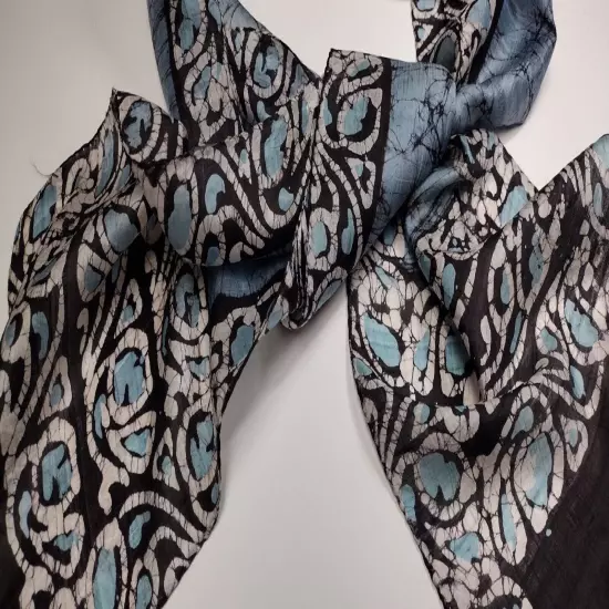 Pure Silk Scarf Blue Paisley Boho Vintage 70s INDIA Long Scarf BABY BLUE RICH