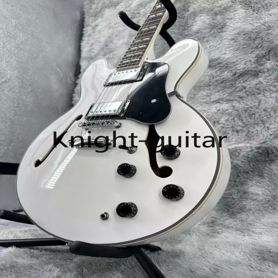 Semi Hollow ES-335 White Electric Guitar HH Pickup Black Pickguard Maple Neck 