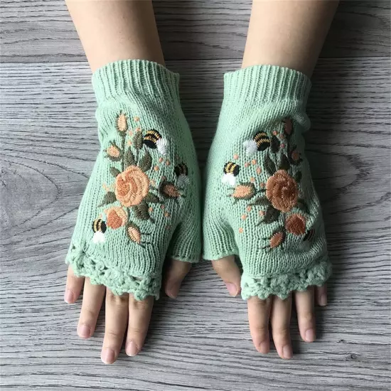 Women Handmade Embroidery Gloves Knit Gloves Flower Gloves Hand Knit Fingerless