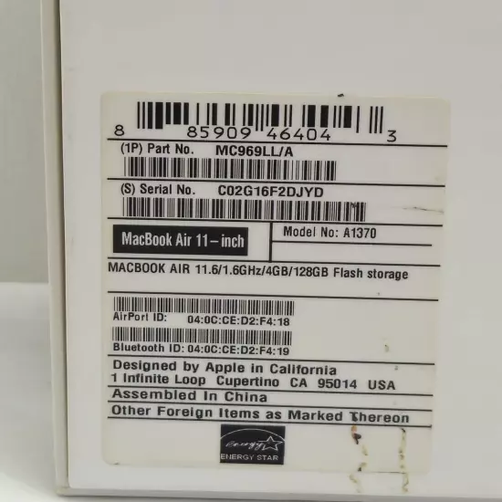 2011 Apple MacBook Air 11" WS Notebook A1370 EMPTY BOX ONLY w/Cord & Manual