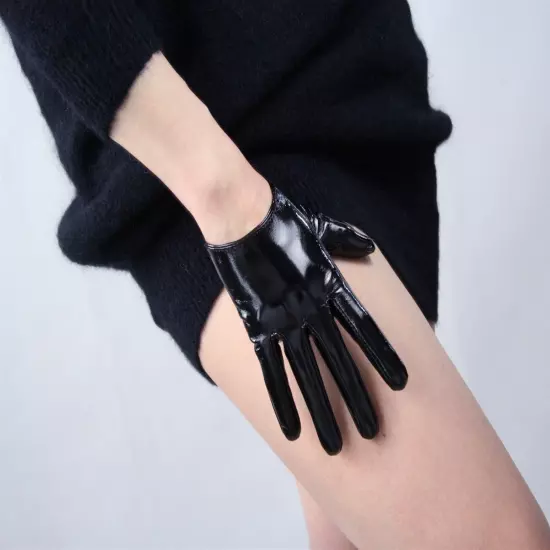 LATEX GLOVES Shine Leather Faux Patent Vegan PU 8" 21cm Short Basic Shine Black