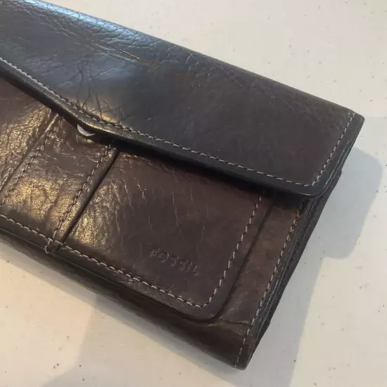 Vintage Fossil Wallet Checkbook Brown Aged Patina Leather Bi-fold Credit Card