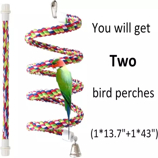 Bird Rope Perch Parakeet Toys, Spiral Toy for 43 Inch long, multicolor 