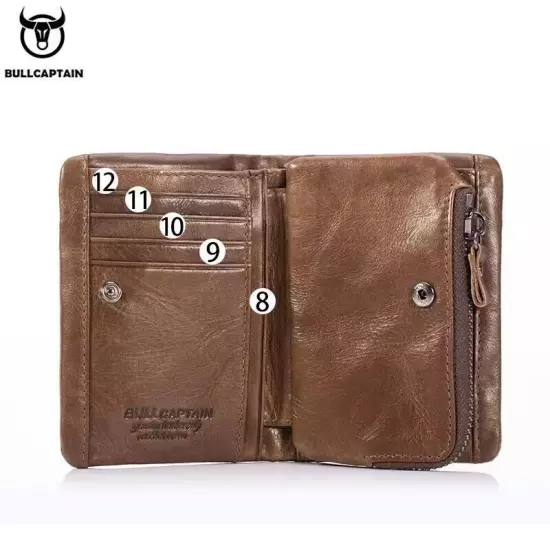 BULLCAPTAIN Retro Genuine Leather RFID Mens Wallet Card ID Holder Zipper Purse