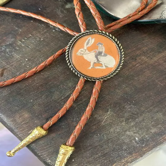 Cowboy Riding Jackrabbit Bolo Tie - Gifts for Him Indian Leather Funny Gag Wedd